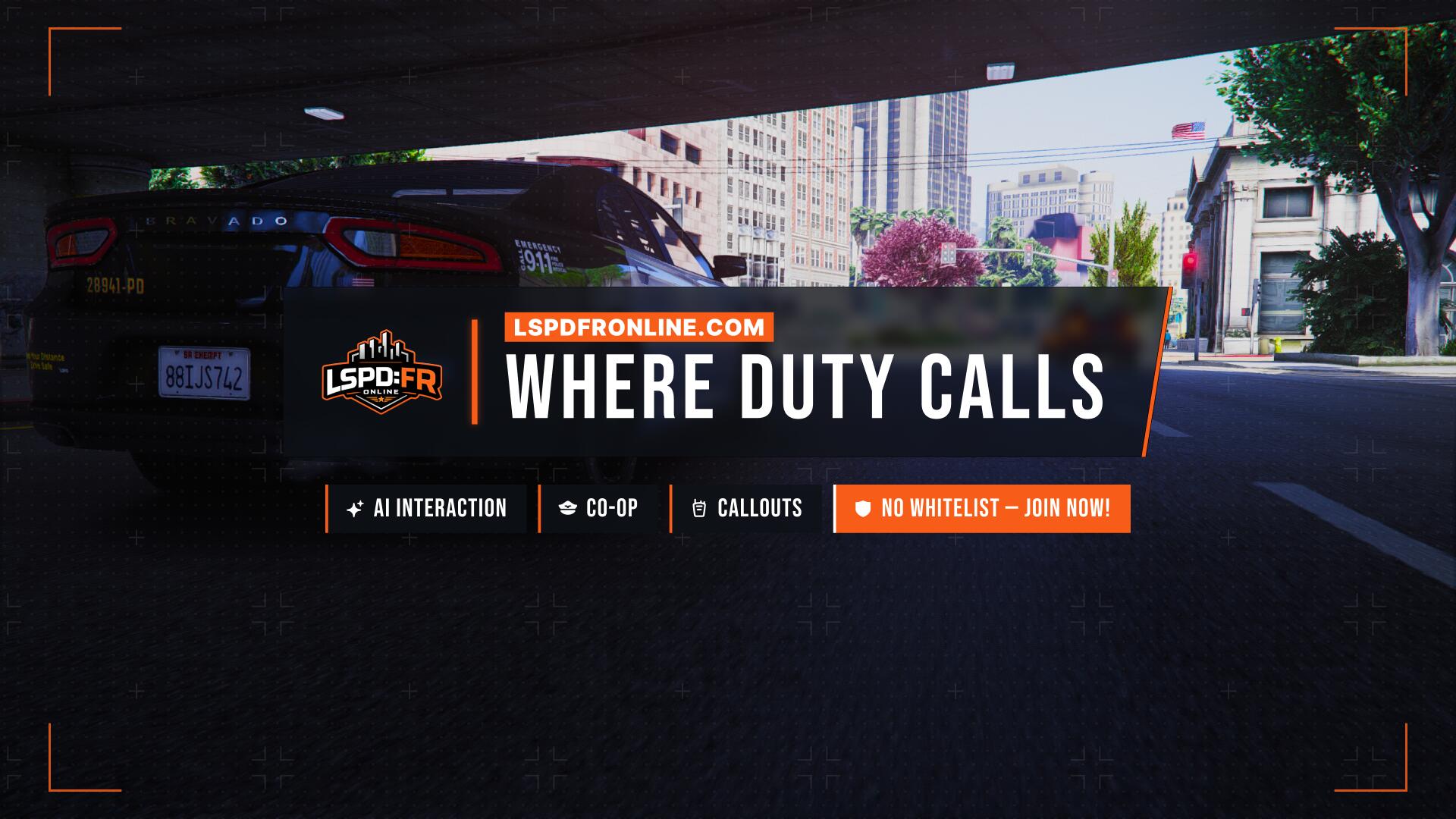 Discovery splash banner for LSPD:FR Online (FiveM) Discord server